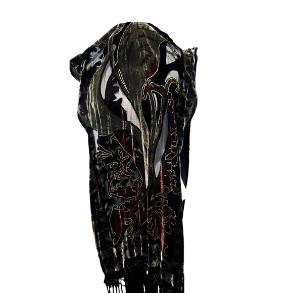 Velvet Burnout Silk Scarf Floral Art Deco Style Wrap Shawl Fringe - Picture 4 of 11